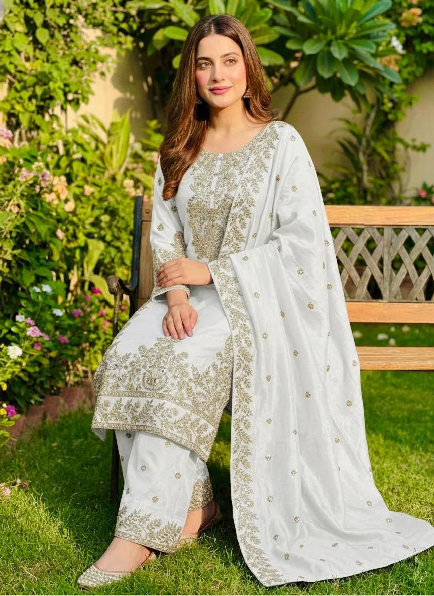 Eid Celebration Wear White GMY Silk Embroidered Top Plazzo Set