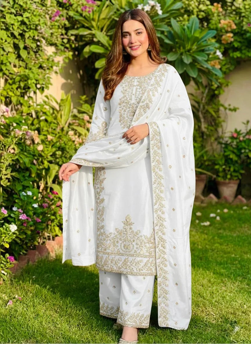 Eid Celebration Wear White GMY Silk Embroidered Top Plazzo Set