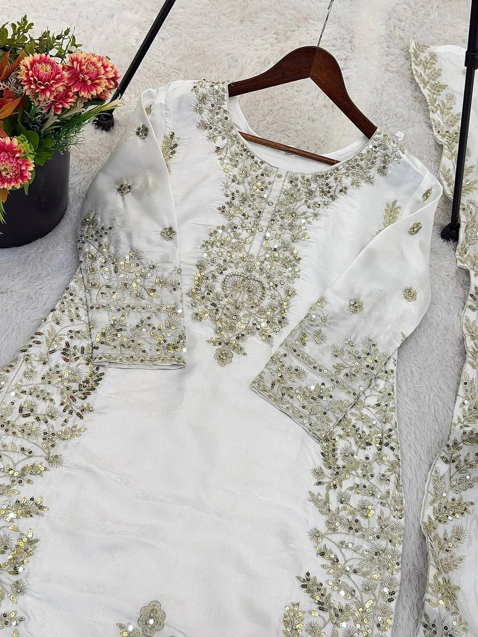 Eid Celebration Wear White GMY Silk Embroidered Top Plazzo Set