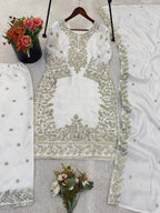 Eid Celebration Wear White GMY Silk Embroidered Top Plazzo Set