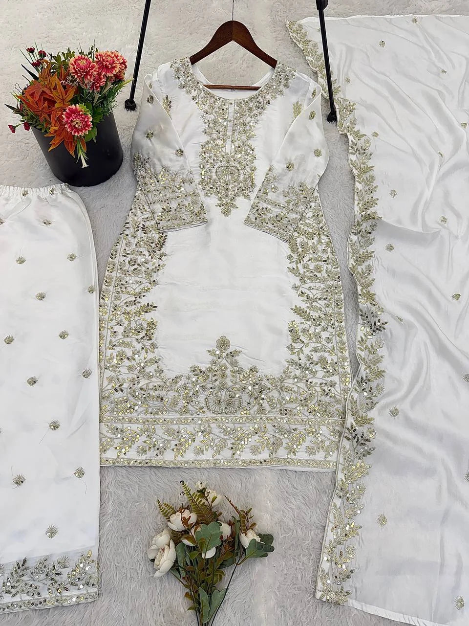 Eid Celebration Wear White GMY Silk Embroidered Top Plazzo Set