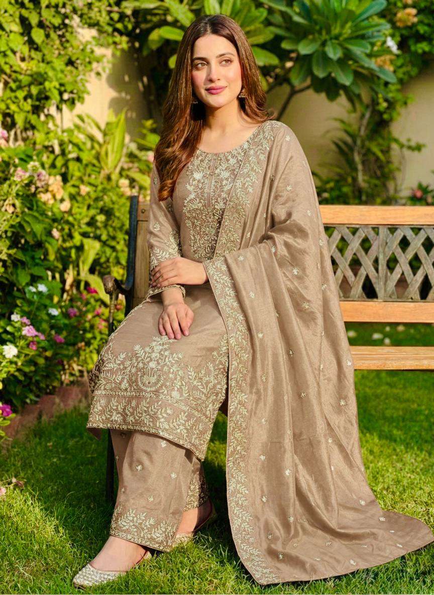 Traditional Beige GMY Silk Embroidery Work Top Plazzo Set
