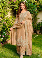 Traditional Beige GMY Silk Embroidery Work Top Plazzo Set