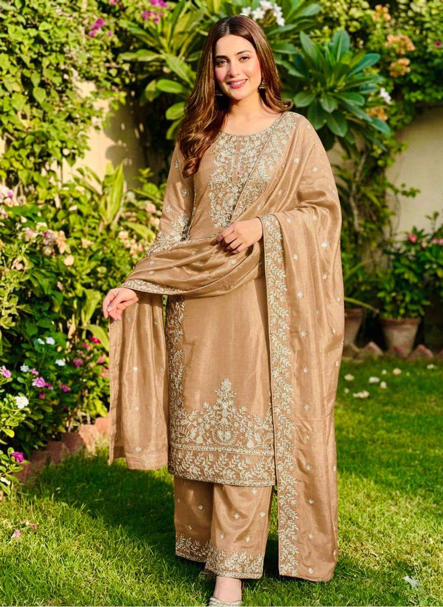 Traditional Beige GMY Silk Embroidery Work Top Plazzo Set