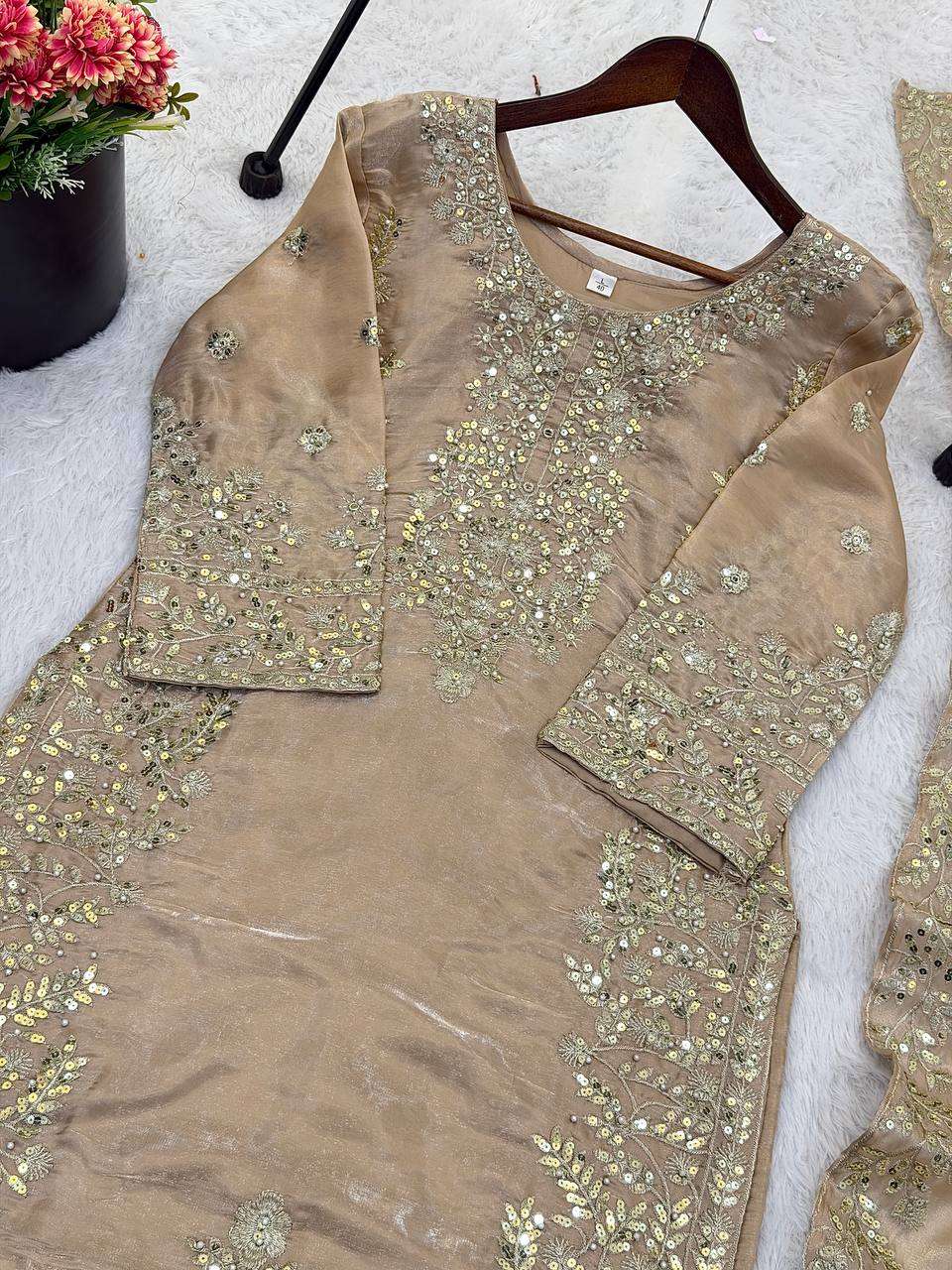 Traditional Beige GMY Silk Embroidery Work Top Plazzo Set