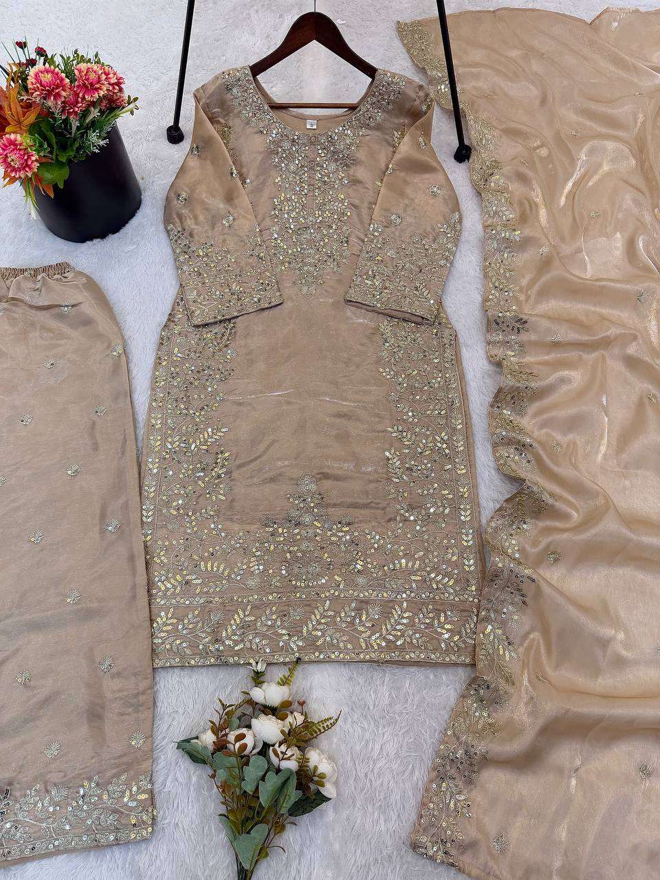 Traditional Beige GMY Silk Embroidery Work Top Plazzo Set