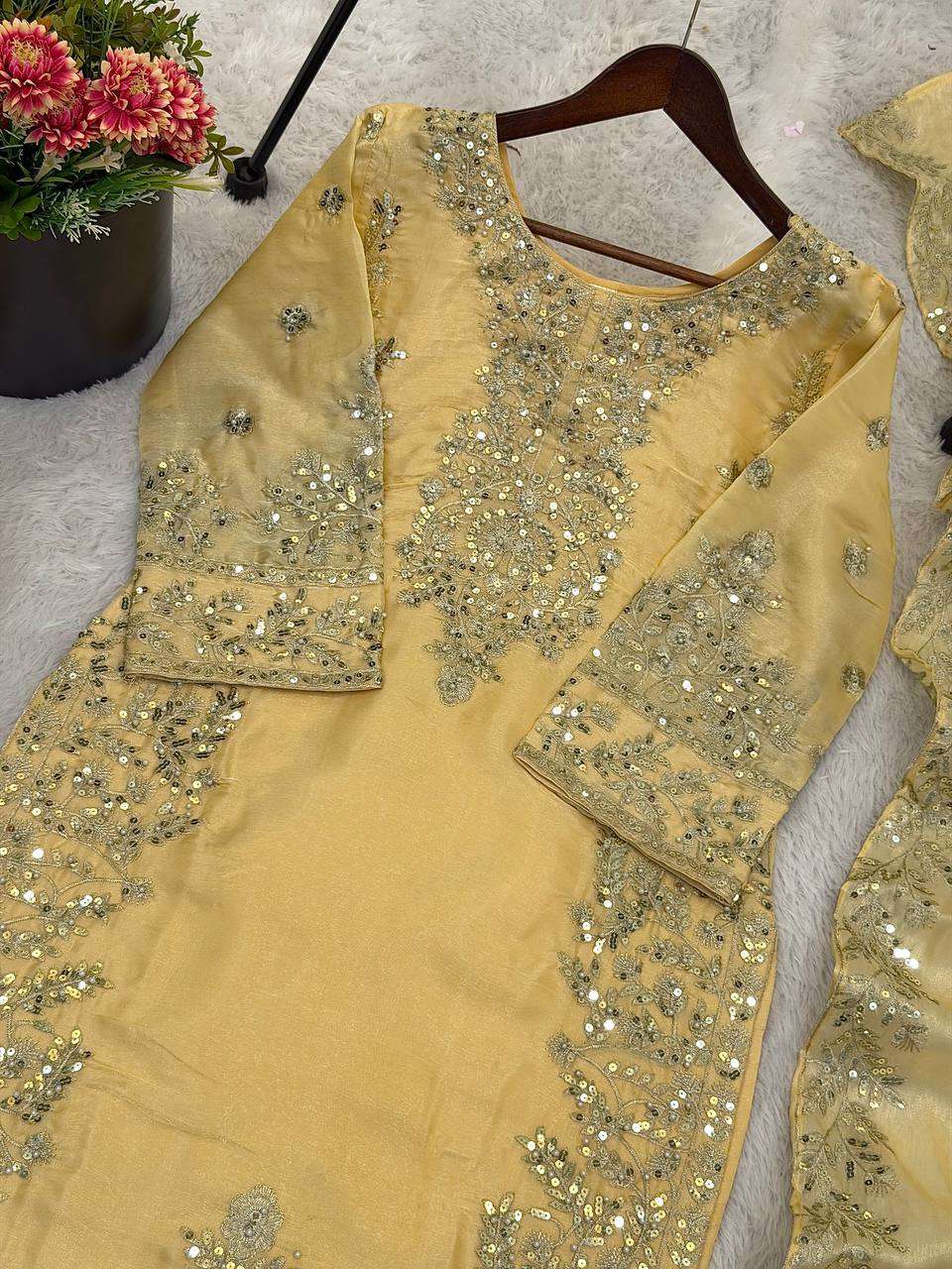 Graceful Yellow GMY Silk Top Plazzo Suit with Heavy Sequence Work