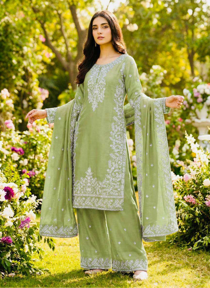 Charming Light Green GMY Silk Plazzo Suit with Rich Embroidery