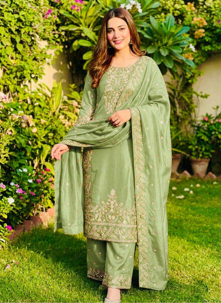 Charming Light Green GMY Silk Plazzo Suit with Rich Embroidery