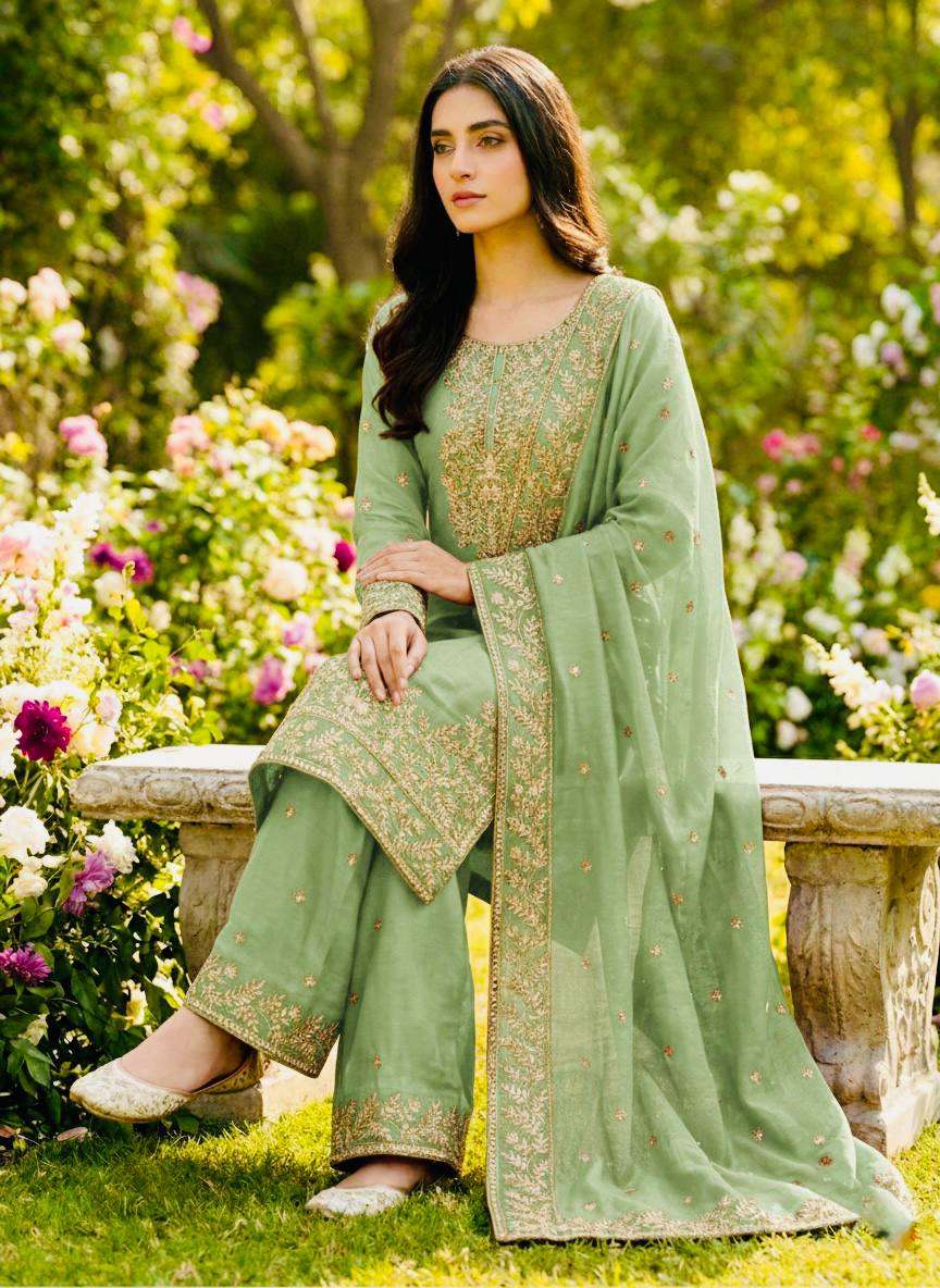 Charming Light Green GMY Silk Plazzo Suit with Rich Embroidery