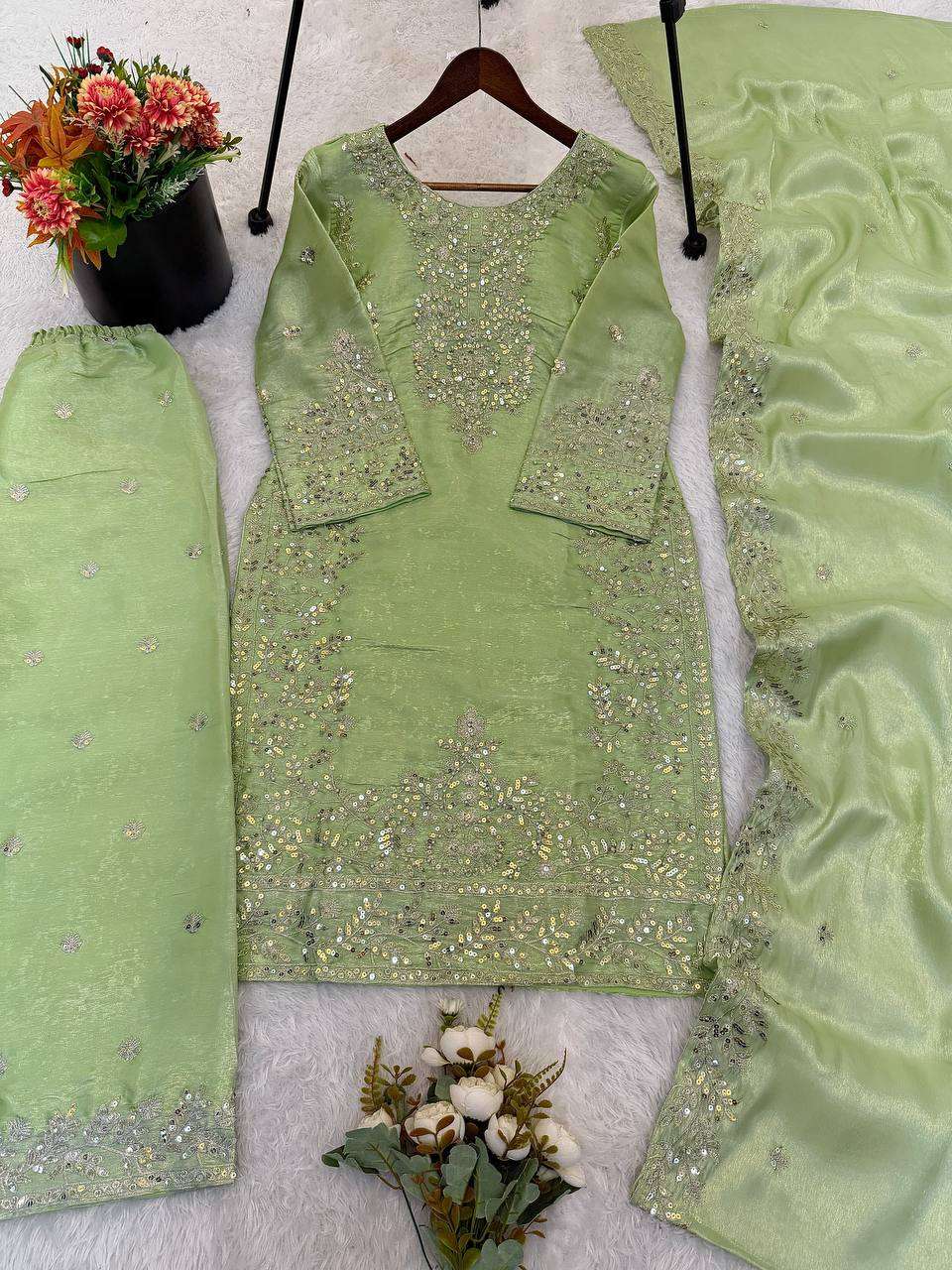 Charming Light Green GMY Silk Plazzo Suit with Rich Embroidery