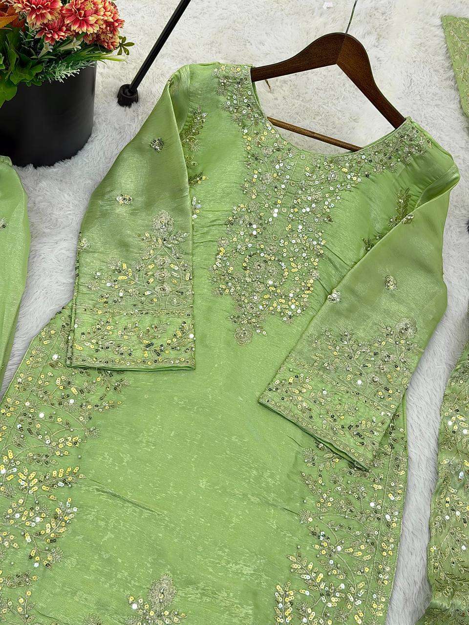 Charming Light Green GMY Silk Plazzo Suit with Rich Embroidery