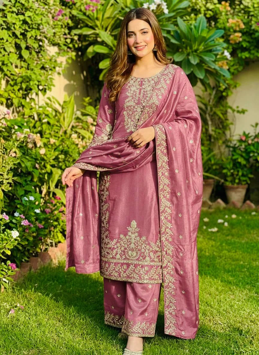 Charming Pink GMY Silk Embroidered Top Plazzo Outfit