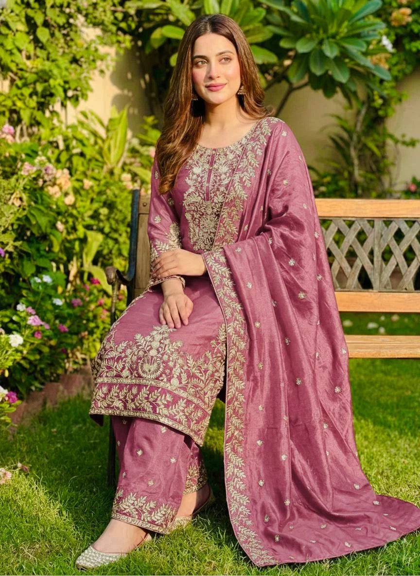 Charming Pink GMY Silk Embroidered Top Plazzo Outfit