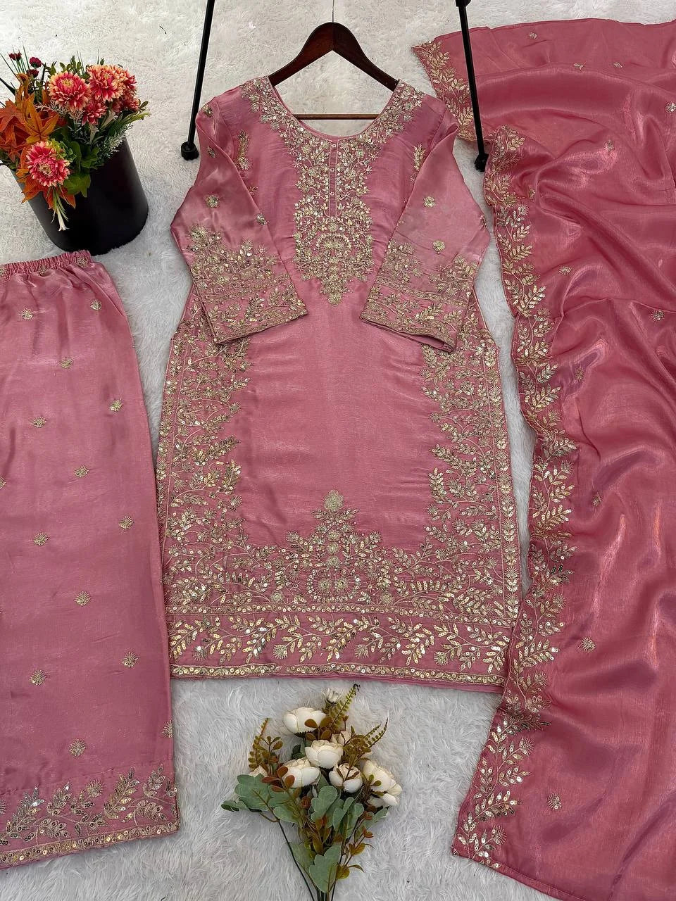 Charming Pink GMY Silk Embroidered Top Plazzo Outfit