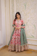 Flared Russian Silk Gown with Digital Print & Embroidery