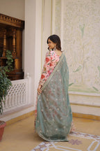 Flared Russian Silk Gown with Digital Print & Embroidery