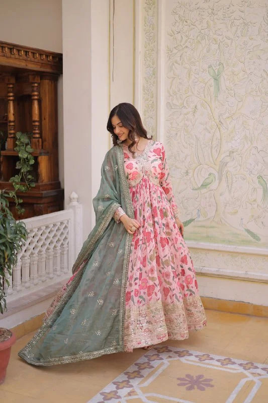 Flared Russian Silk Gown with Digital Print & Embroidery