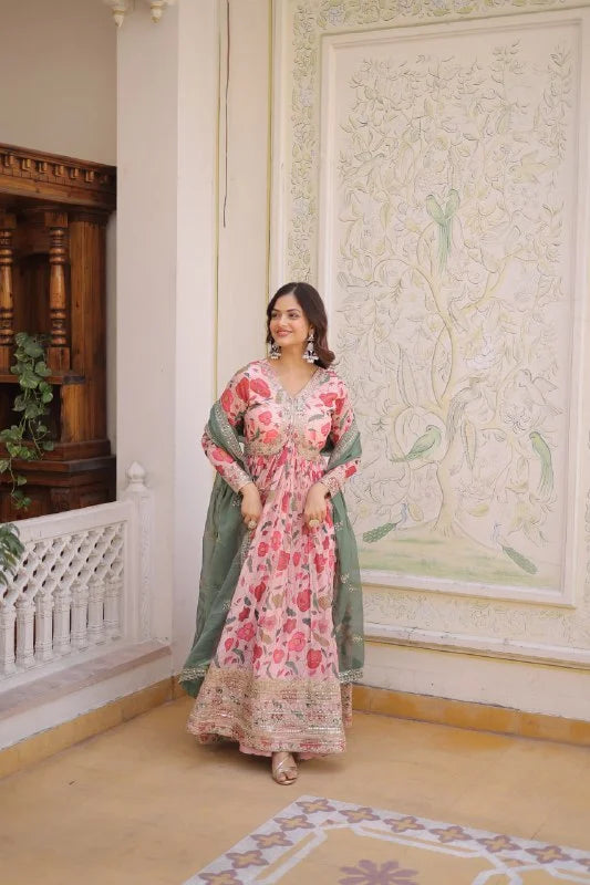 Flared Russian Silk Gown with Digital Print & Embroidery