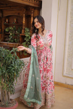 Flared Russian Silk Gown with Digital Print & Embroidery