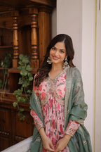 Flared Russian Silk Gown with Digital Print & Embroidery