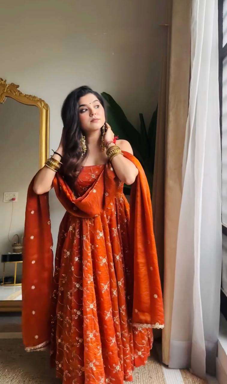 Orange Designer Anarkali Set â€“ Premium Fendy Silk with Sequin Work