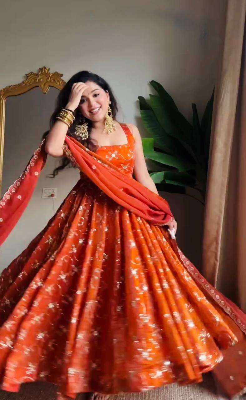 Orange Designer Anarkali Set â€“ Premium Fendy Silk with Sequin Work