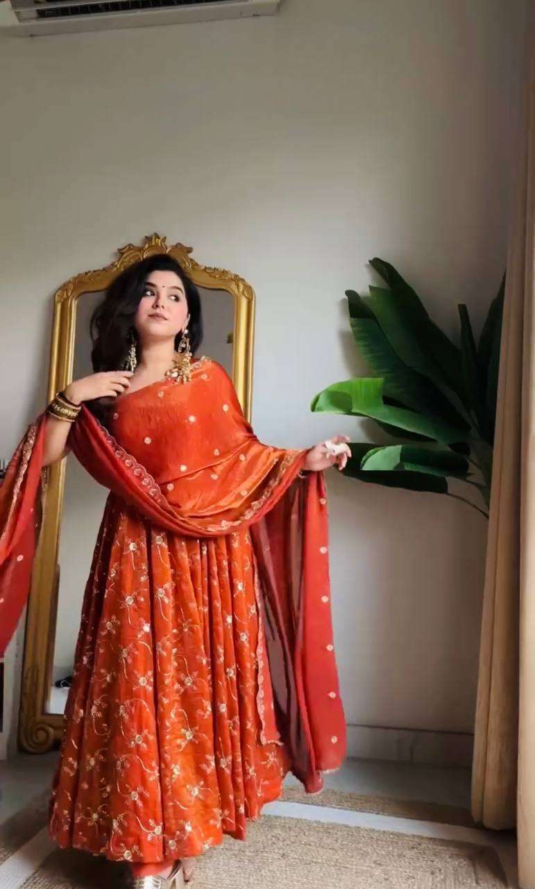 Orange Designer Anarkali Set â€“ Premium Fendy Silk with Sequin Work