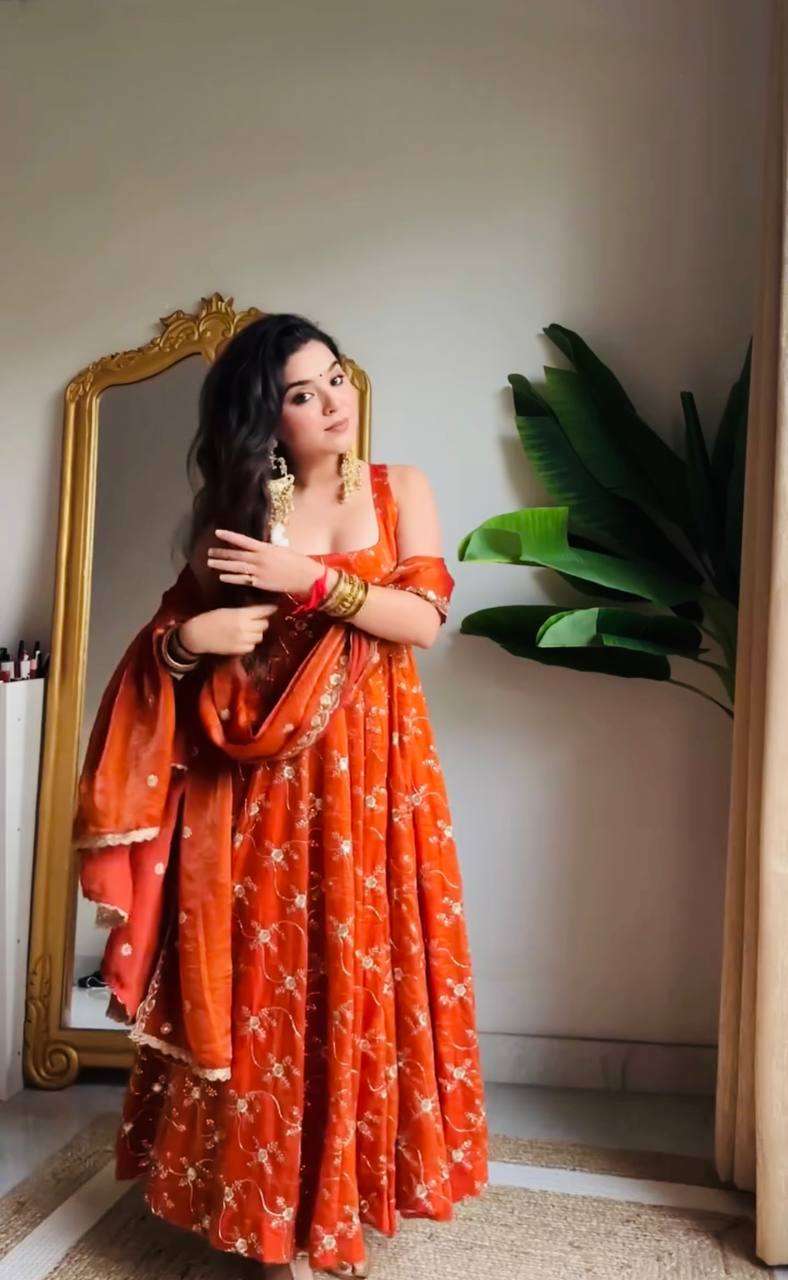 Orange Designer Anarkali Set â€“ Premium Fendy Silk with Sequin Work