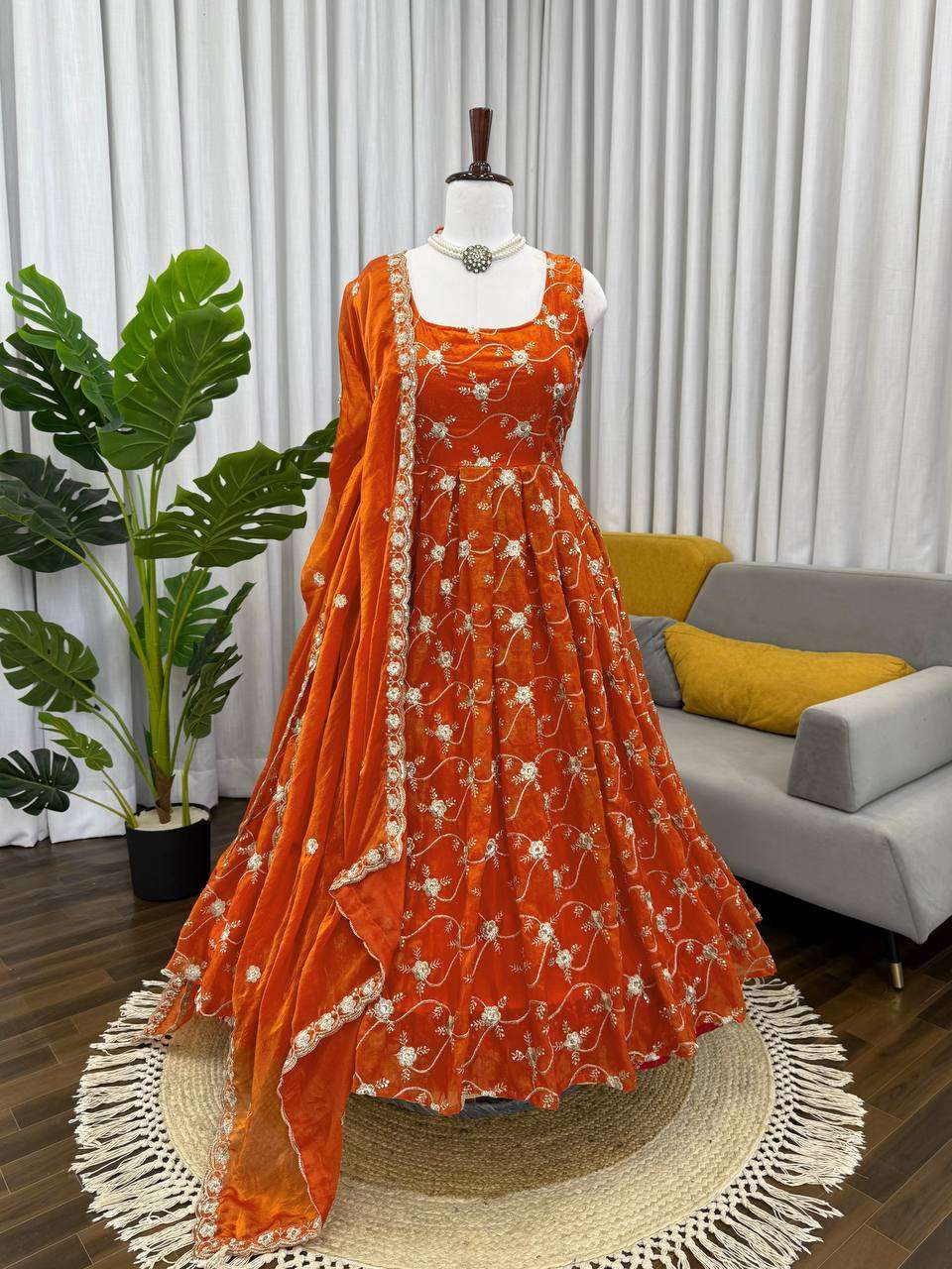 Orange Designer Anarkali Set â€“ Premium Fendy Silk with Sequin Work