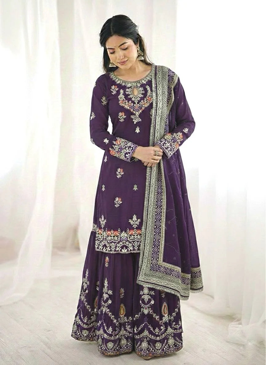 Premium Faux Georgette Sharara Set with Lace Border Dupatta