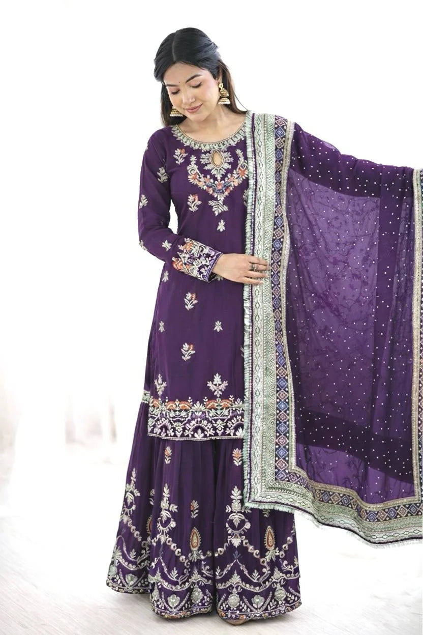 Premium Faux Georgette Sharara Set with Lace Border Dupatta