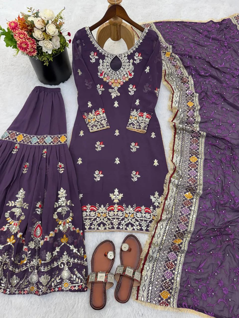Premium Faux Georgette Sharara Set with Lace Border Dupatta