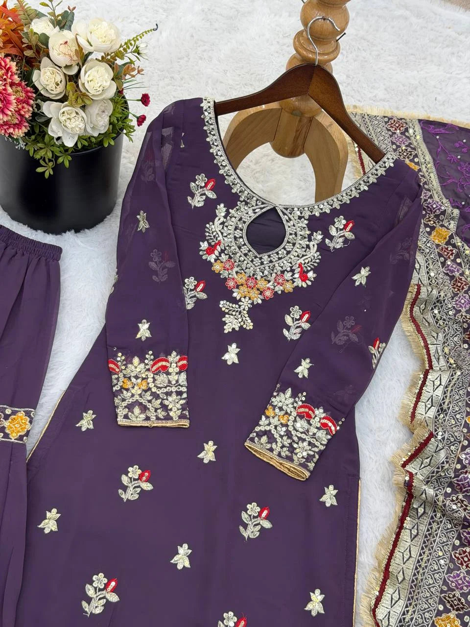 Premium Faux Georgette Sharara Set with Lace Border Dupatta