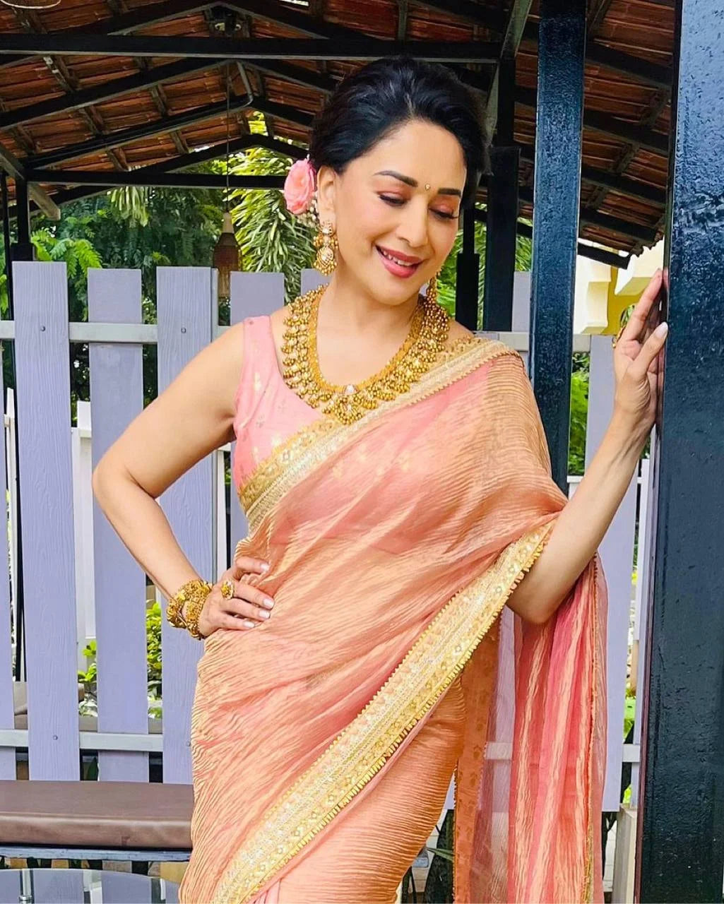 Madhuri Dixitâ€“Inspired Banarasi Crush Twill Saree with Sequins Embroidery