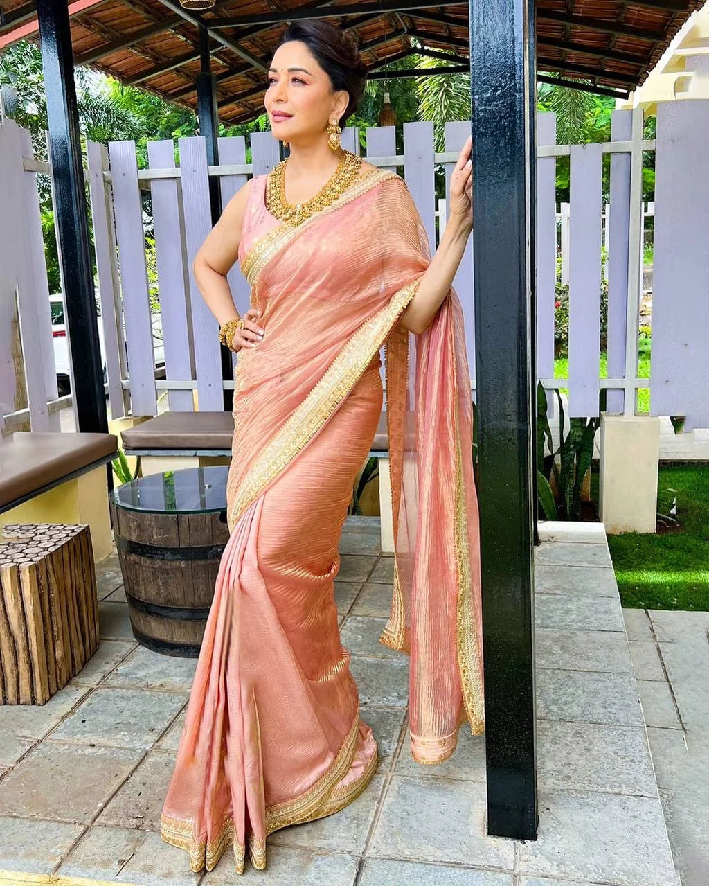 Madhuri Dixitâ€“Inspired Banarasi Crush Twill Saree with Sequins Embroidery