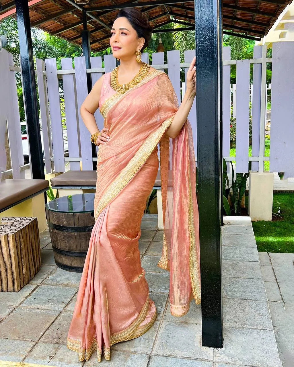 Madhuri Dixitâ€“Inspired Banarasi Crush Twill Saree with Sequins Embroidery