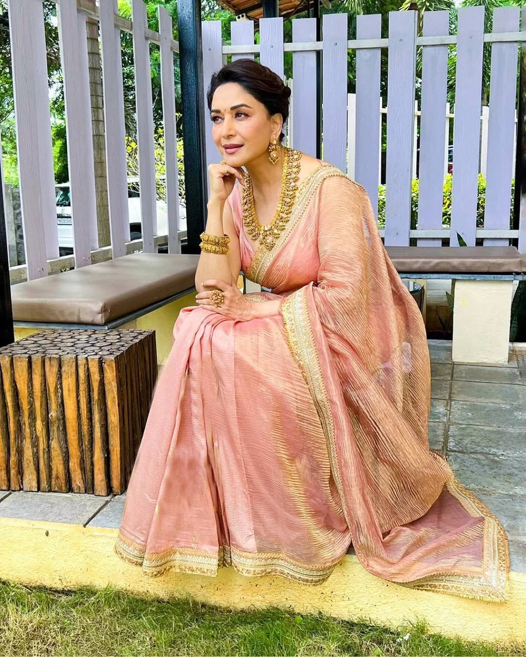 Madhuri Dixitâ€“Inspired Banarasi Crush Twill Saree with Sequins Embroidery