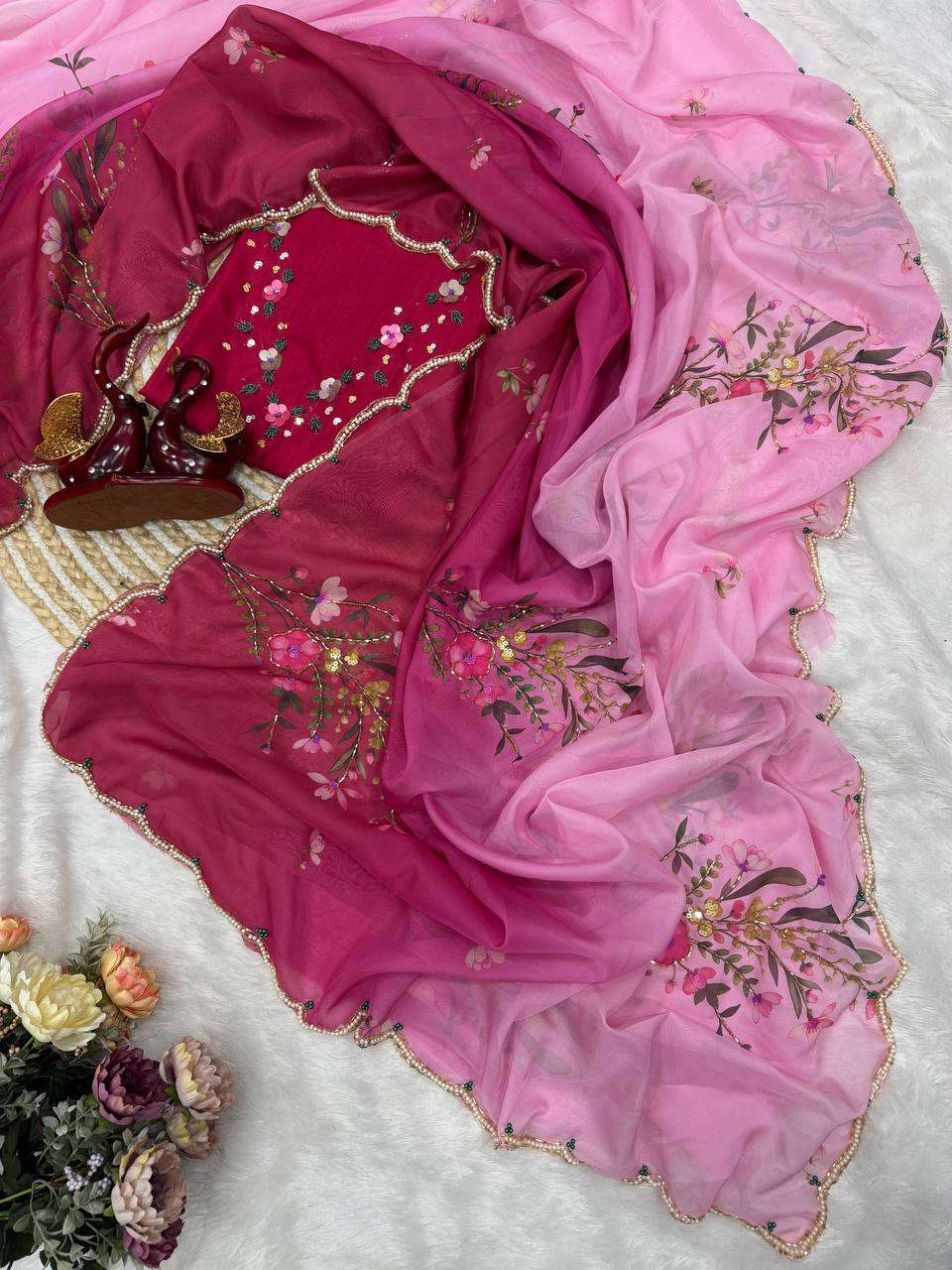 Occasion Wear Tebby Silk Saree with Exquisite Hand Embroidery