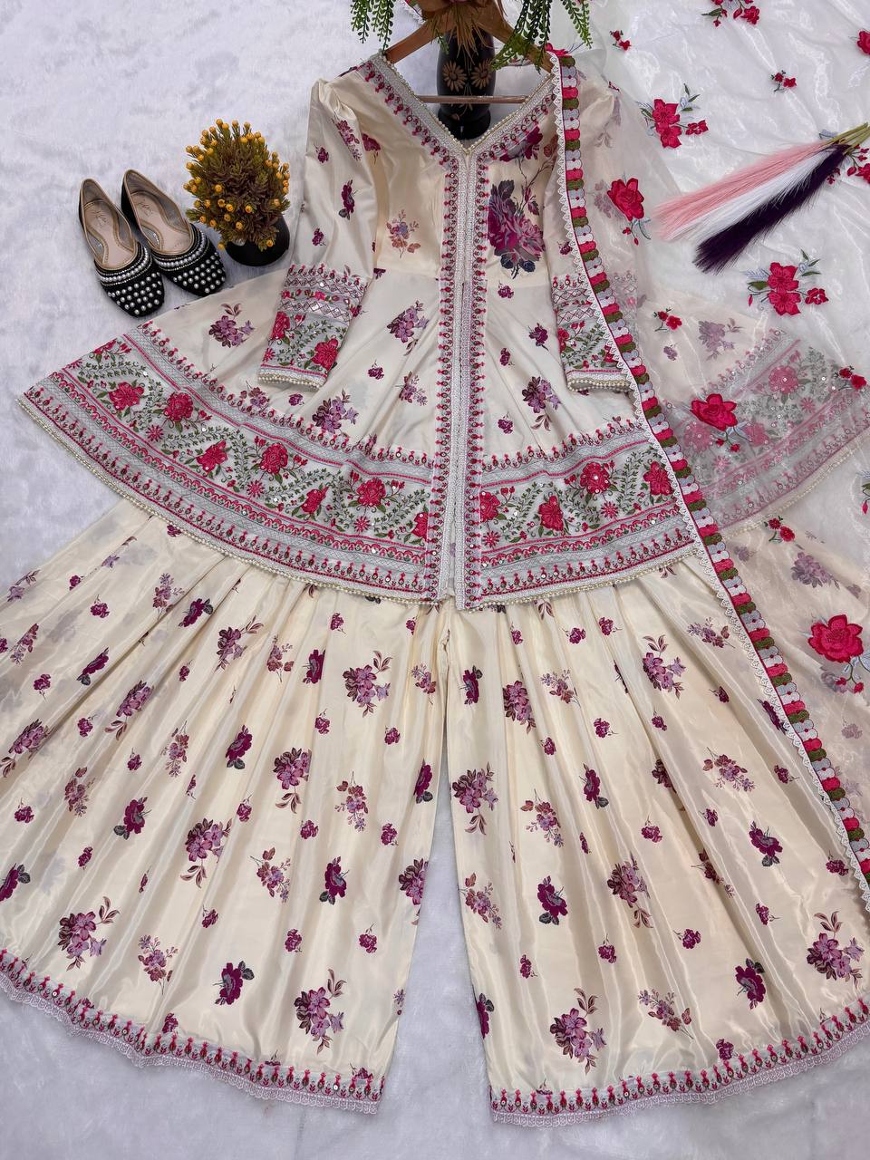 Premium Ivory Wedding & Party Wear Peplum Sharara With Embroidered Dupatta