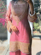 Pink Fendy Silk Embroidered Kurta Plazzo Set with Dupatta