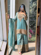Premium Blue Embroidered Fendy Silk Kurta Plazzo Set