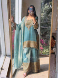 Premium Blue Embroidered Fendy Silk Kurta Plazzo Set