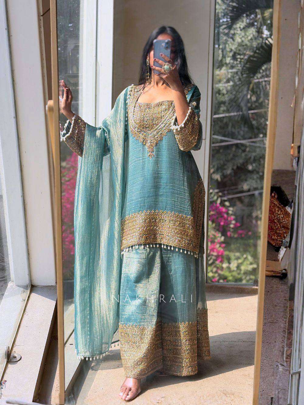 Premium Blue Embroidered Fendy Silk Kurta Plazzo Set