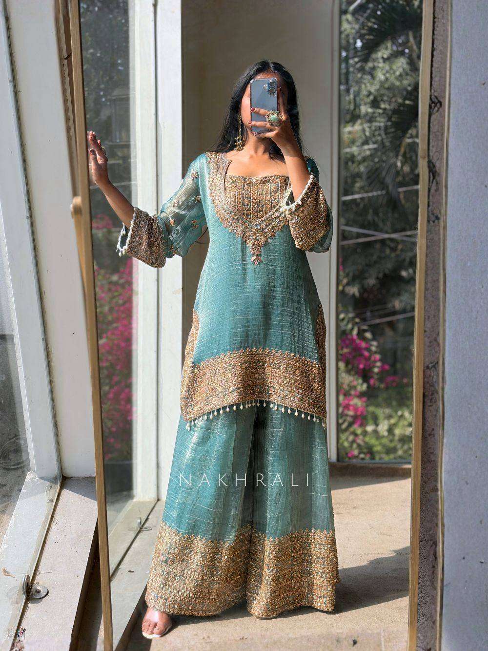 Premium Blue Embroidered Fendy Silk Kurta Plazzo Set