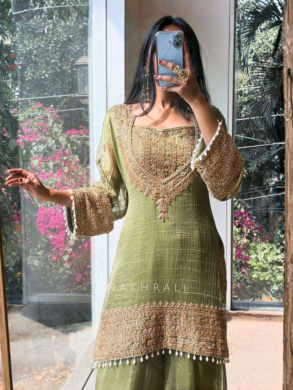 Elegant Green Fendy Silk Dori & Moti Work Suit Set