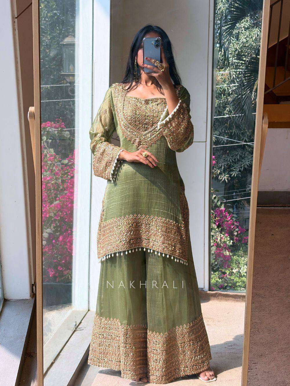 Elegant Green Fendy Silk Dori & Moti Work Suit Set