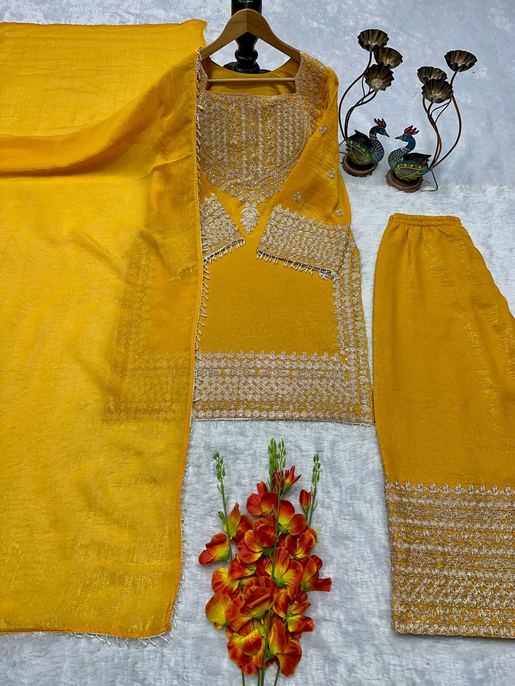 Royal Look Heavy Embroidered Fendy Silk Yellow Suit with Dupatta