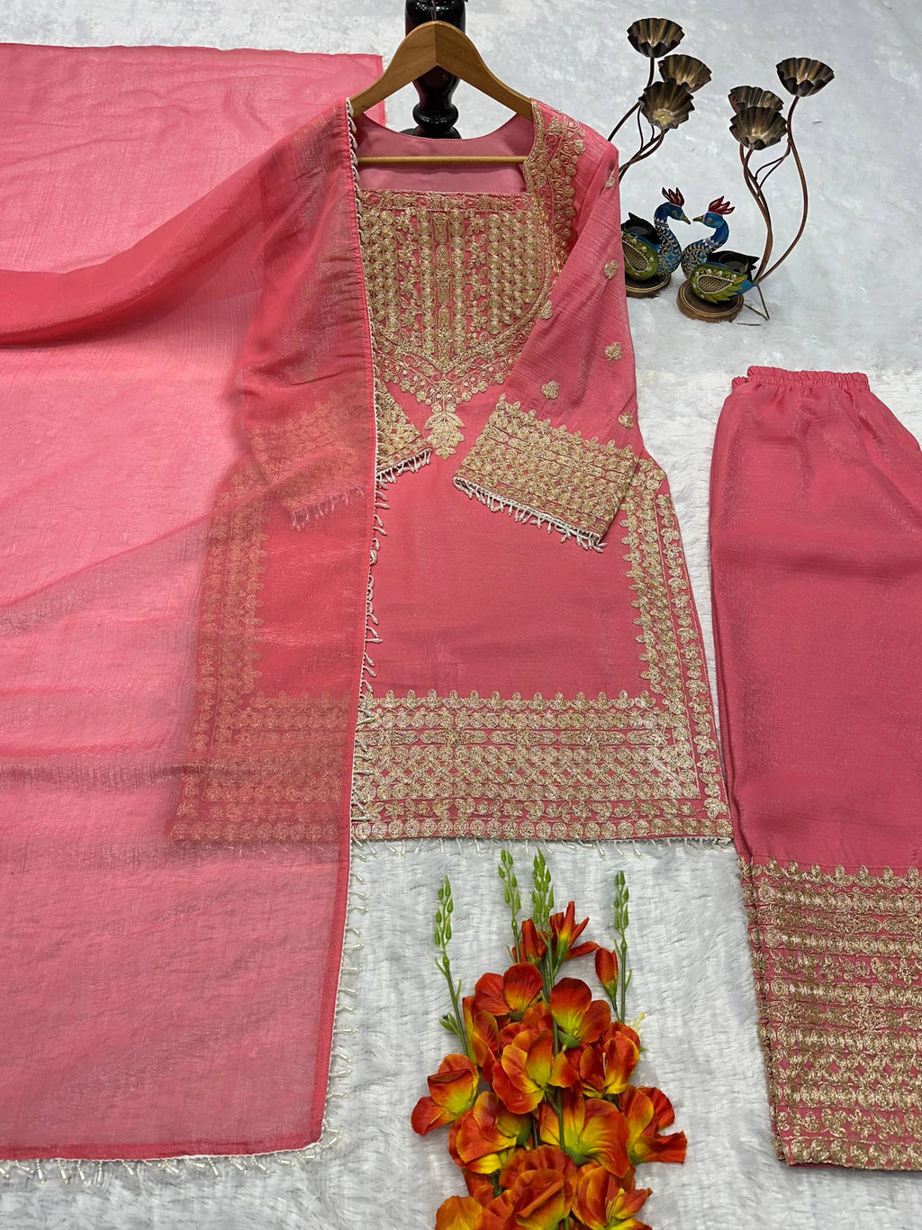 Pink Fendy Silk Embroidered Kurta Plazzo Set with Dupatta