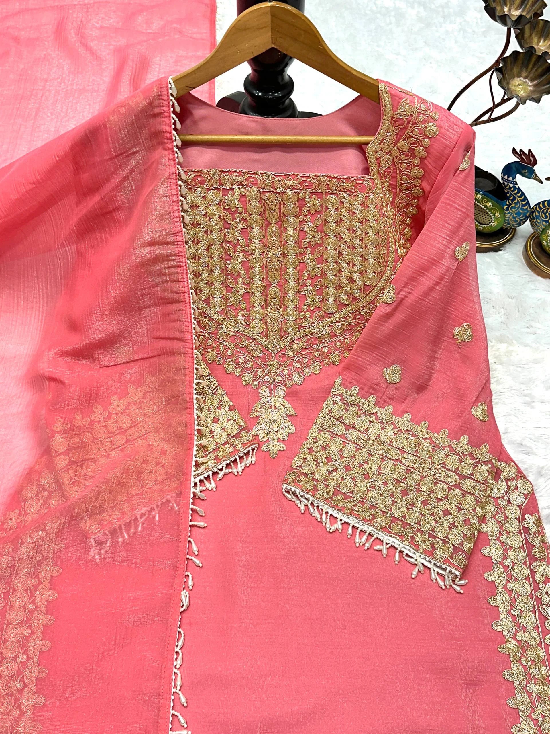 Pink Fendy Silk Embroidered Kurta Plazzo Set with Dupatta